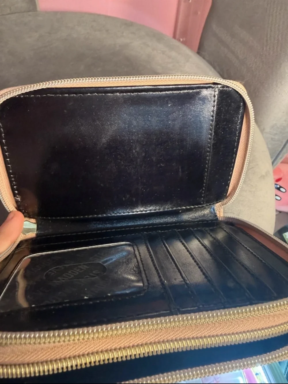 Steve Madden Beige Taupe Double Zip Around Wallet Gold Hardware